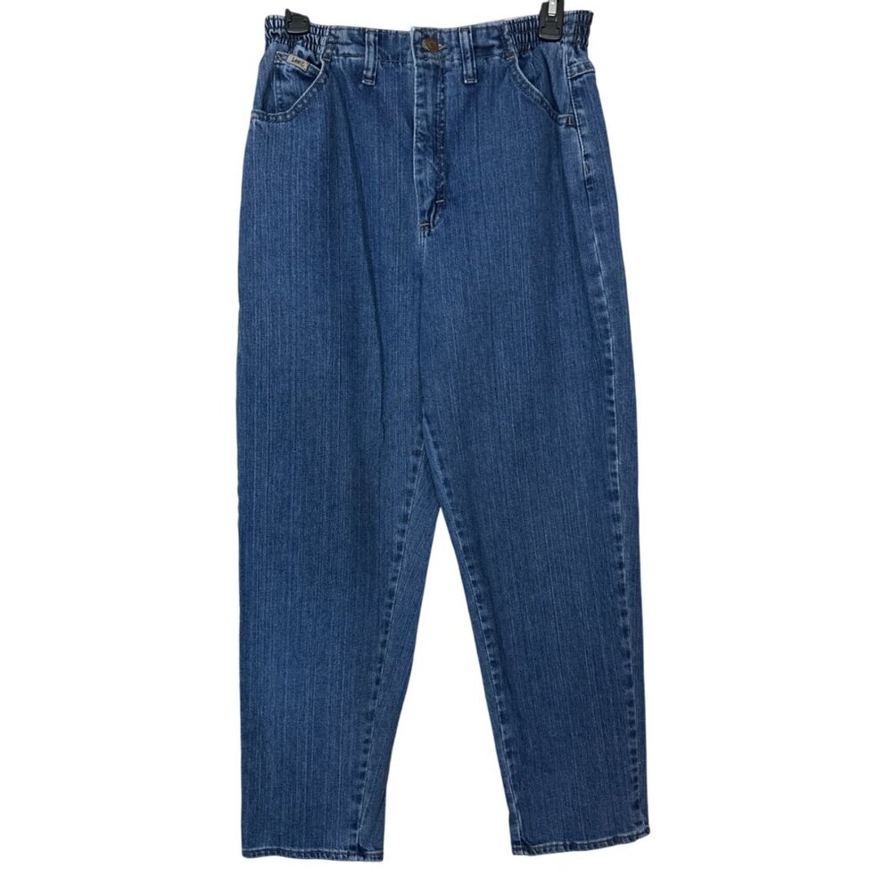 Vintage Lee Jeans Women Sz 10 Short Side Elastic Waist Tapered High Waist Blue